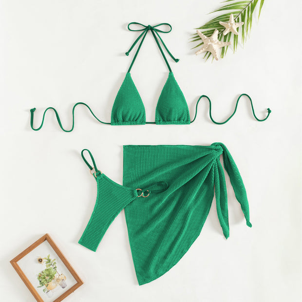 Drawstring Bandage Apron Mesh Three Piece Swimsuit