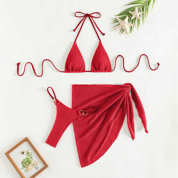 Drawstring Bandage Apron Mesh Three Piece Swimsuit
