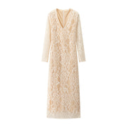 European And American Style Sexy Female Deep V Long Sleeve Mesh Lace Hollow Dress 111