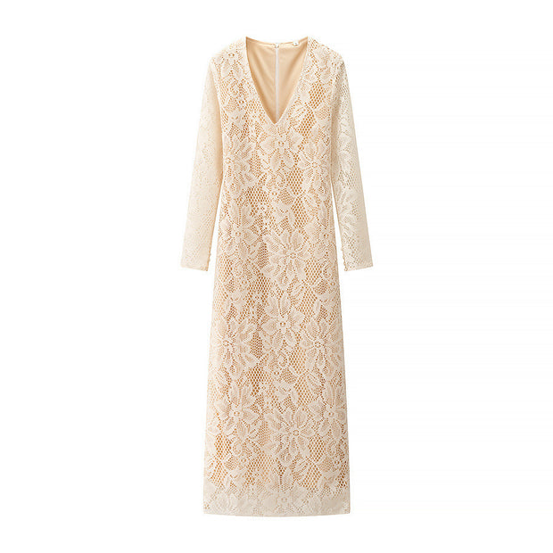 European And American Style Sexy Female Deep V Long Sleeve Mesh Lace Hollow Dress 111