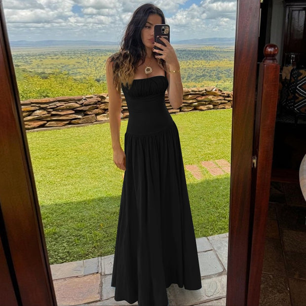 Off-neck Pleated Stitching High Waist Slimming Solid Color Sling Dress