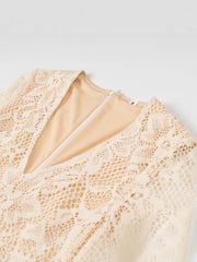 European And American Style Sexy Female Deep V Long Sleeve Mesh Lace Hollow Dress 111