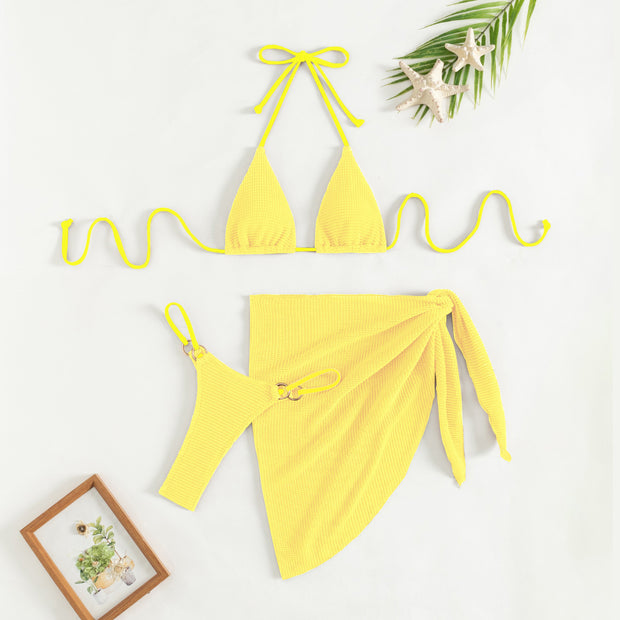 Drawstring Bandage Apron Mesh Three Piece Swimsuit