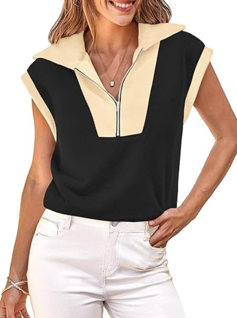 Women’s Color Block Half-Zip Short Sleeve Pullover – V-Neck Summer Top