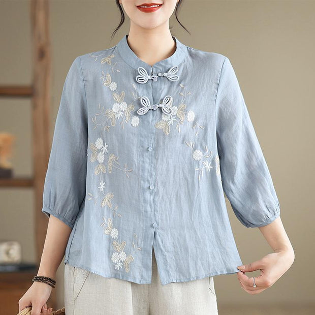 Chinese Button Knots Embroidered Women's Three-quarter Sleeve Cotton And Linen Top