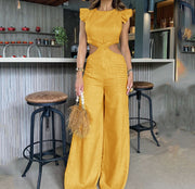 Women’s Ruffled High-Waist Jumpsuit – Round Neck, Loose Fit