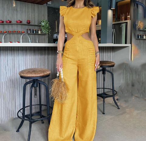 Women’s Ruffled High-Waist Jumpsuit – Round Neck, Loose Fit