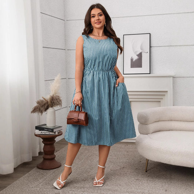 Contrast Color Striped Sleeveless Pocket Fashion Dress 1111