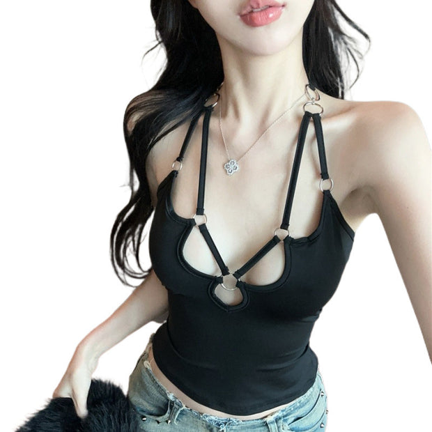 Buckle Lace-up Cutout Slimming Versatile Halter Spaghetti Straps Top