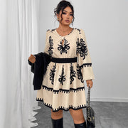 Fashion Round Neck Puff Sleeve Printing Dress Women 1111