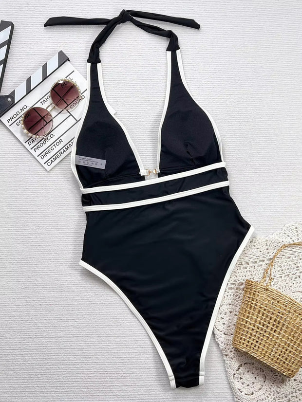 Sexy Bikini Jumpsuit Suspender Deep V Black And White Cross Thin Swimsuit
