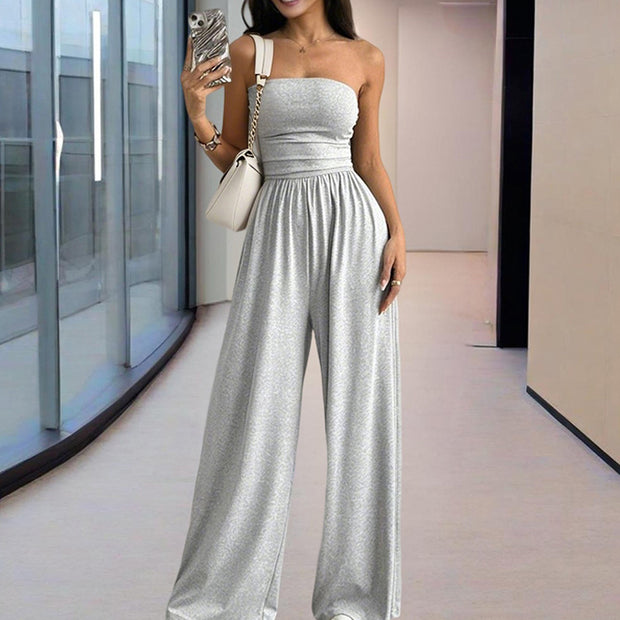 Women’s Strapless Wide-Leg Jumpsuit – Pleated Summer Outfit