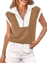 Women’s Color Block Half-Zip Short Sleeve Pullover – V-Neck Summer Top