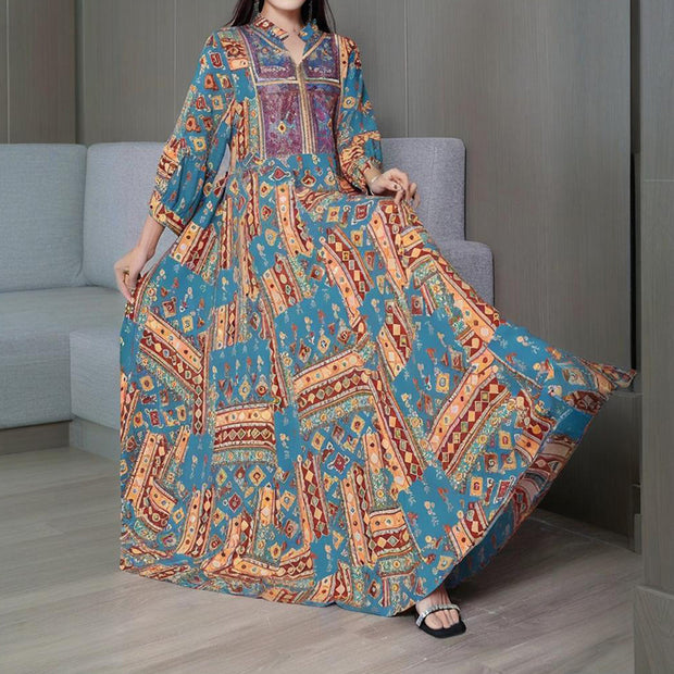 Women’s Middle Eastern Boho Maxi Dress – Geometric Print, V-Neck & Embroidery