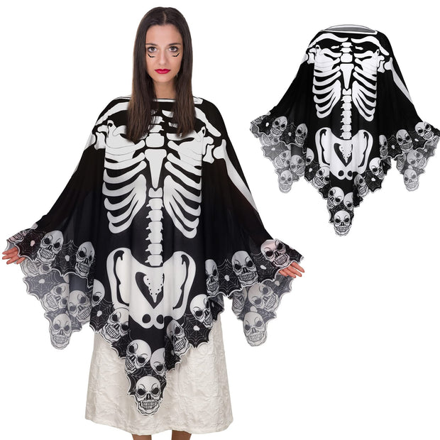 Women’s Halloween Lace Skeleton Poncho – Plus Size Cape, 59 x 59 Inches