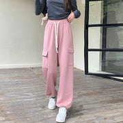 High Waist Straight Large Pocket Loose Drawstring Ankle-tied Sports Pants
