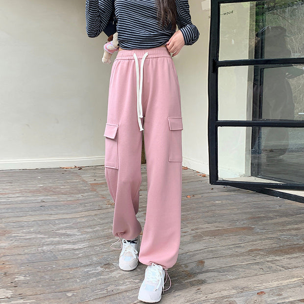 High Waist Straight Large Pocket Loose Drawstring Ankle-tied Sports Pants