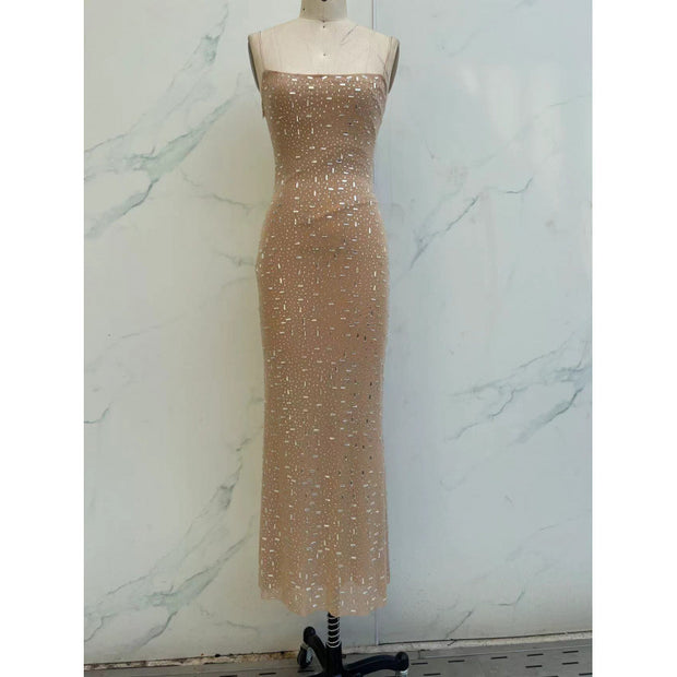 Women’s Nude & Black Sequin Spaghetti Strap Dress – Slim Fit Long Party Gown