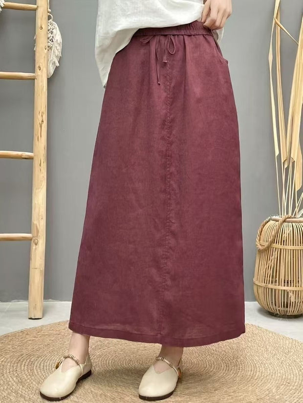 Lace-up Linen Back Slit High Waist Skirt