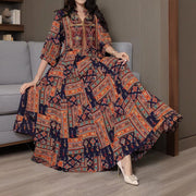 Women’s Middle Eastern Boho Maxi Dress – Geometric Print, V-Neck & Embroidery
