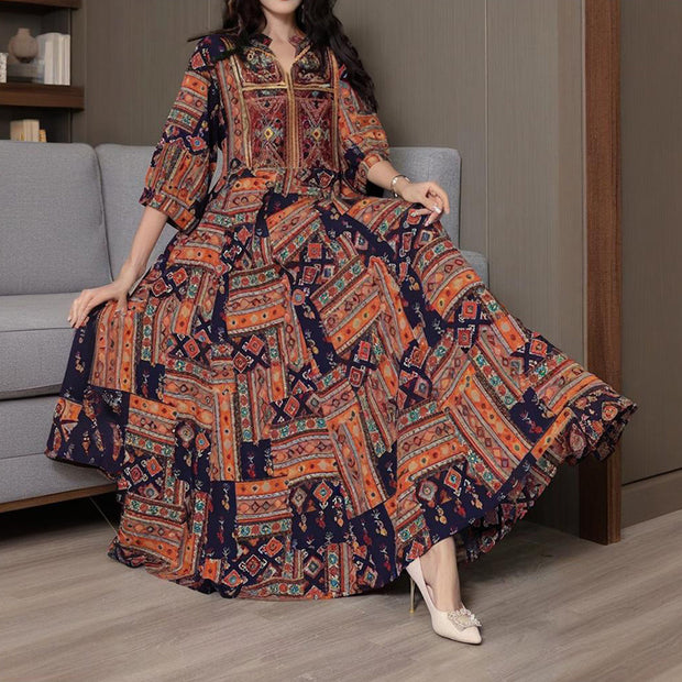 Women’s Middle Eastern Boho Maxi Dress – Geometric Print, V-Neck & Embroidery