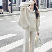 Knitted Zipper Cardigan Wide Leg Pants Solid Color Two-piece Set