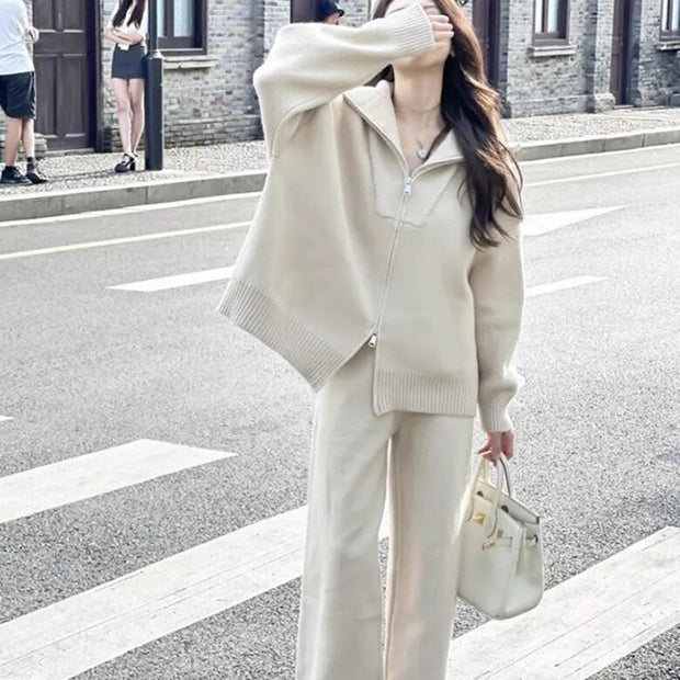 Knitted Zipper Cardigan Wide Leg Pants Solid Color Two-piece Set