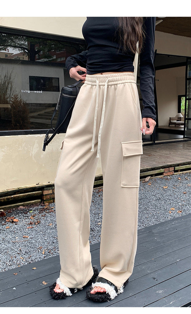 High Waist Straight Large Pocket Loose Drawstring Ankle-tied Sports Pants