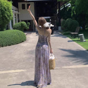 Tea Break French Purple Floral V-neck Halter Sling Dress 1111