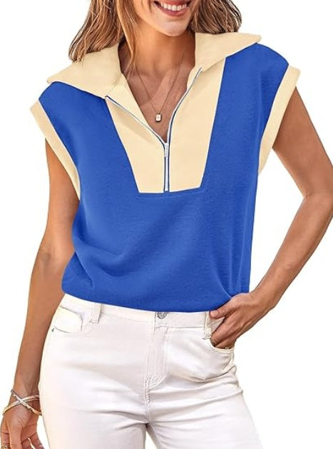 Women’s Color Block Half-Zip Short Sleeve Pullover – V-Neck Summer Top
