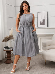 Contrast Color Striped Sleeveless Pocket Fashion Dress 1111