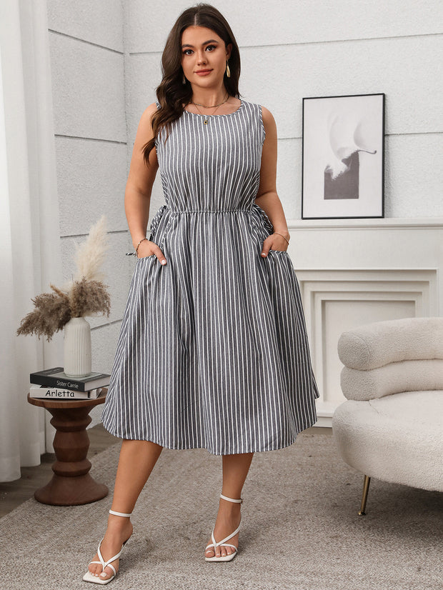 Contrast Color Striped Sleeveless Pocket Fashion Dress 1111