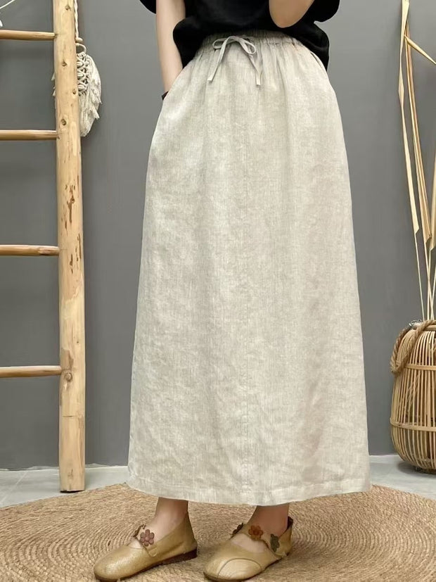 Lace-up Linen Back Slit High Waist Skirt