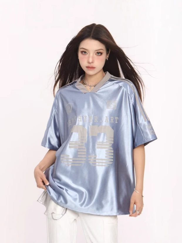 Trending Retro V-neck Splicing Letter Print Short-sleeve