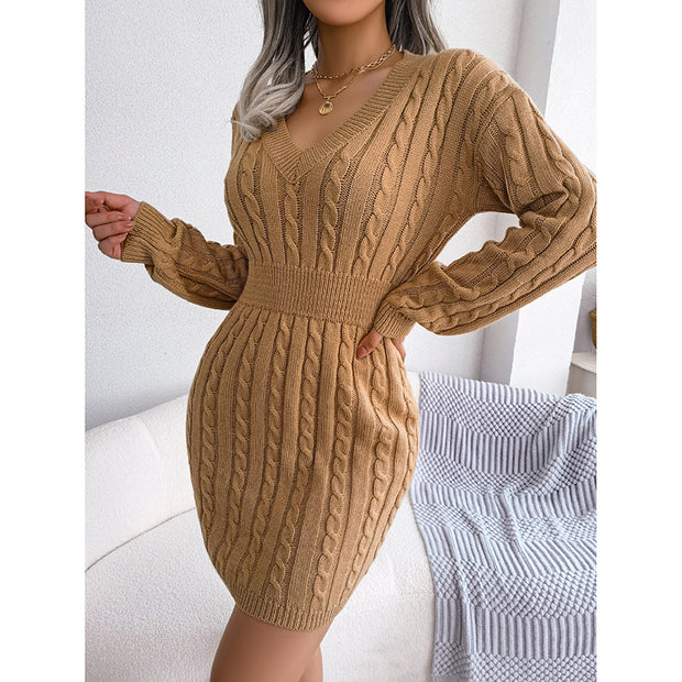 Women’s V-Neck Bodycon Knit Mini Dress – Long Sleeve FallWinter Pullover