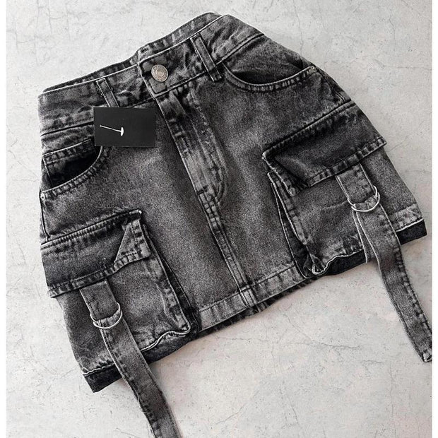 Multiple Pockets Denim Plaid Skirt Vintage Goth Black Y2k