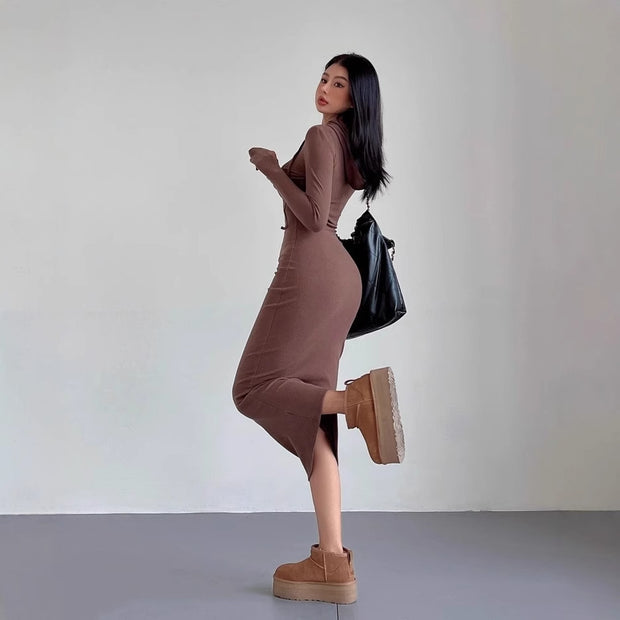 Women’s Hooded Sheath Dress – Long Sleeve, Over-the-Knee Length