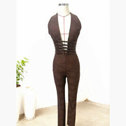 Sexy Lace Trousers Deep V Bandage Lace-up Halter Jumpsuit 1111