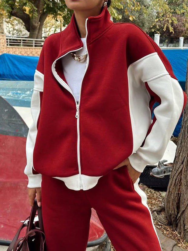 Casual Retro Contrast Color Long Sleeves Zipper Coat And Trousers Two-piece Set