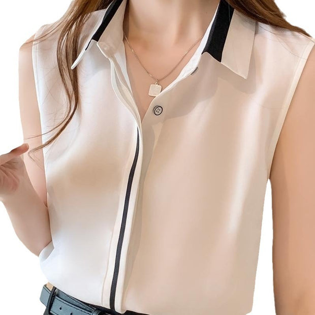 Women’s Contrast Color Chiffon Waistcoat – Sleeveless Casual Outerwear Top