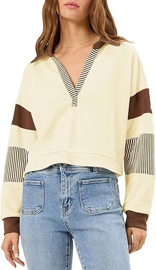 Women’s Color Block Long Sleeve Crop Top – V-Neck Polo Pullover Sweatshirt