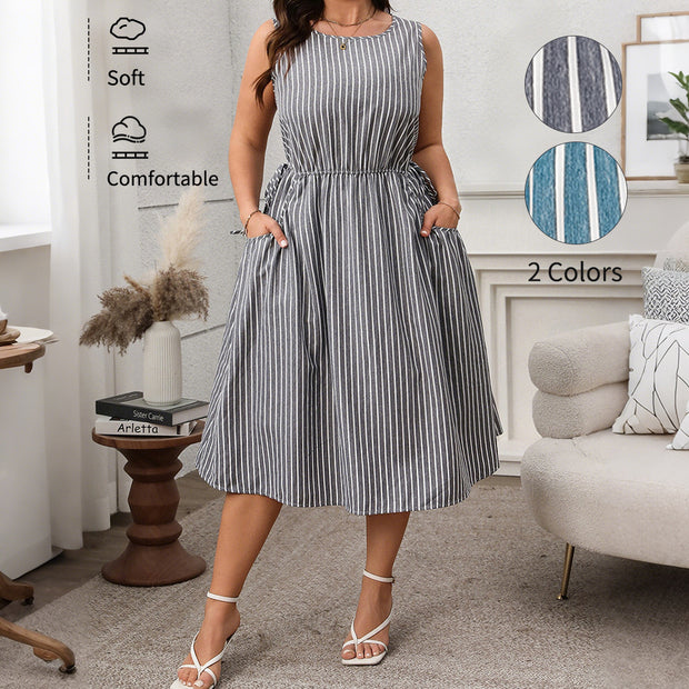 Contrast Color Striped Sleeveless Pocket Fashion Dress 1111