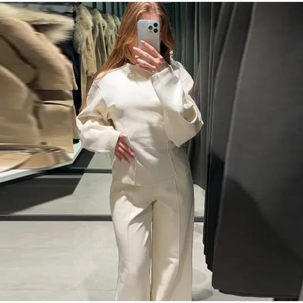 Fashion Long Sleeve O-neck Pleated Top Wide Leg Pants Women's Suit