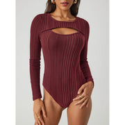 Sunken Stripe Hollow-out Slim-fit One-piece T-shirt Round Neck Long Sleeve Top