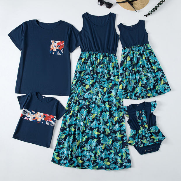 Fashion Waist Stitching Stitching Print Long Dress Parent-child Outfit Family