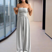 Women’s Strapless Wide-Leg Jumpsuit – Pleated Summer Outfit