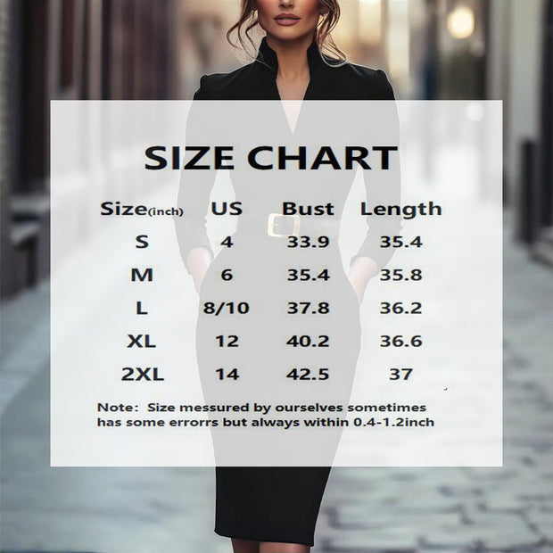 Women's Black Long Sleeve V-Collar Bodycon Dress With Belt Detail & Pockets - Formal Midi Dress For Fall Spring 111