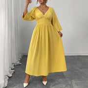Deep V-neck Yellow High Waist Slimming Dress 111
