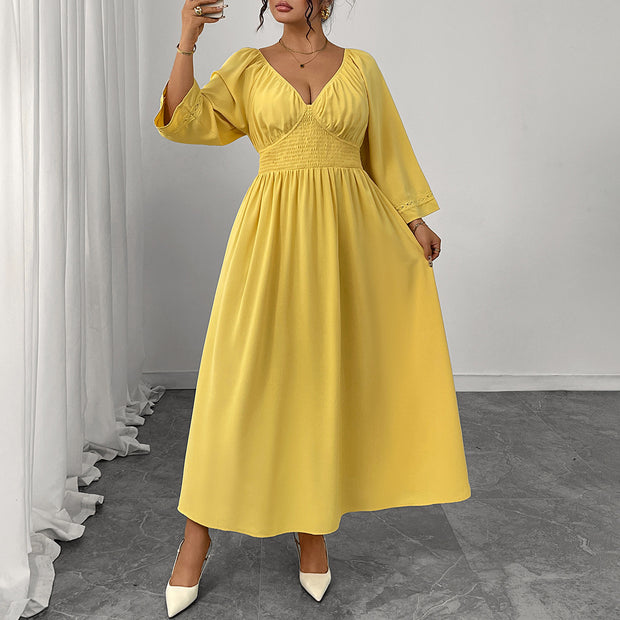 Deep V-neck Yellow High Waist Slimming Dress 111