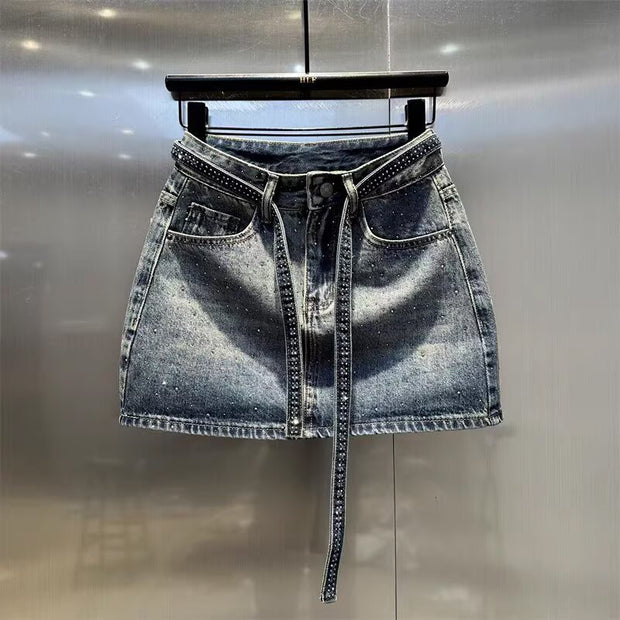 Summer New Rhinestone Five-point Denim Wide Leg A- Line Skirt